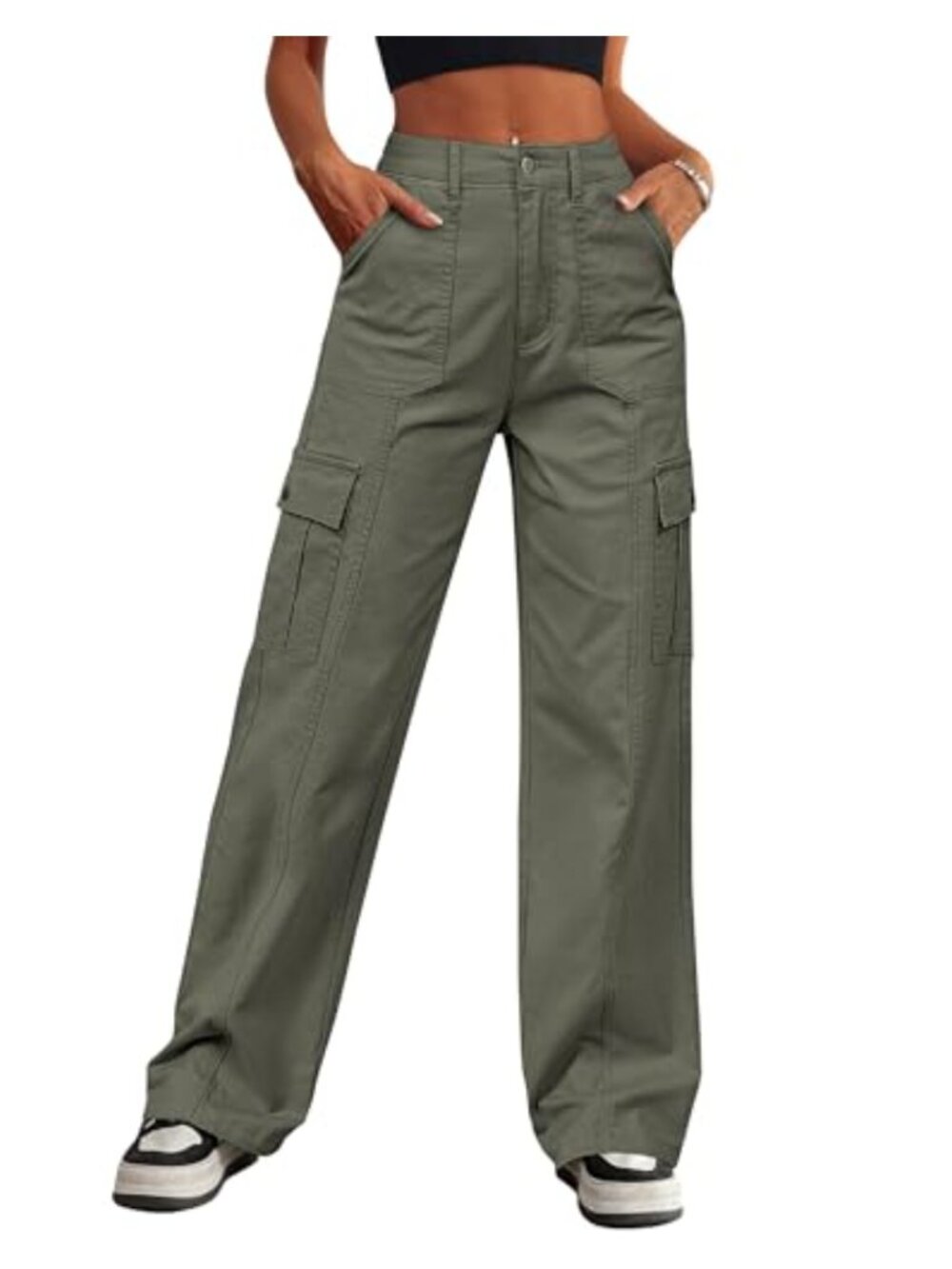 High Waisted Wide Leg Cargo Pants for Women Cotton Spandex Stretch 6 Pockets